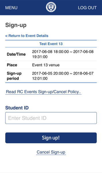 Student User - Event RSVP - Sign up