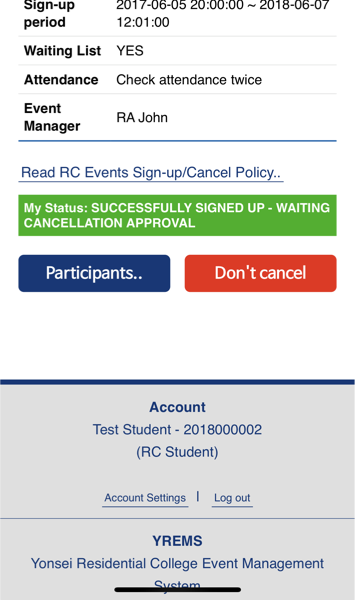 Student user - Event RSVP - Results - Pending Cancellation
