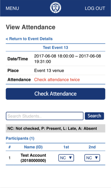 Admin User - Manage Event - Attendance List
